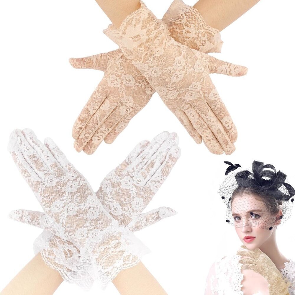 Women White Beige 2P Gloves Bridal Wedding Party Opera Fashion Halloween Cosplay